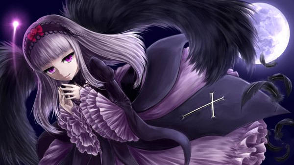 Anime picture 1920x1080 with rozen maiden suigintou rei (neko no ho) long hair looking at viewer highres wide image silver hair pink eyes girl wings hairband feather (feathers) full moon