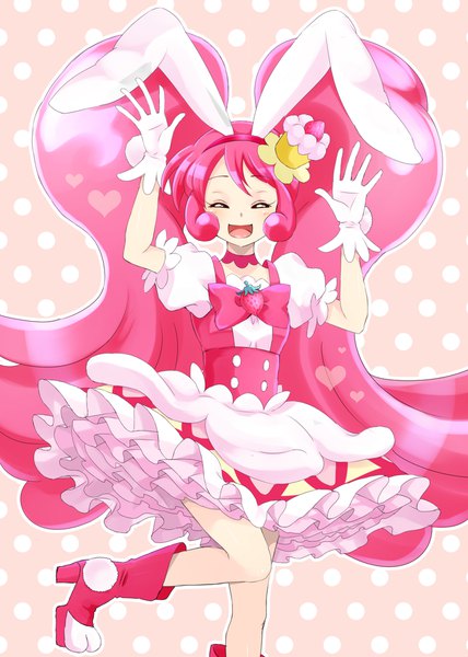 Anime picture 1500x2100 with precure kirakira precure a la mode toei animation usami ichika tsuka d single long hair tall image fringe simple background smile twintails animal ears pink hair eyes closed bunny ears puffy sleeves happy bunny girl polka dot