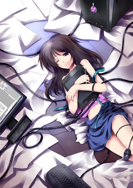 Anime picture 3307x4677 with original sinchi (artist) single long hair tall image highres brown hair purple eyes absurdres one eye closed wink girl skirt miniskirt wire (wires) paper monitor computer computer keyboard computer mouse