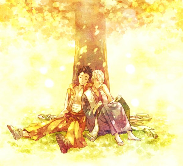 Anime picture 1100x1000 with sengoku basara production i.g mitsunari ishida tokugawa ieyasu minami seira fringe short hair brown hair sitting silver hair eyes closed japanese clothes sunlight hair over one eye open clothes hug sleeping writing boy plant (plants)