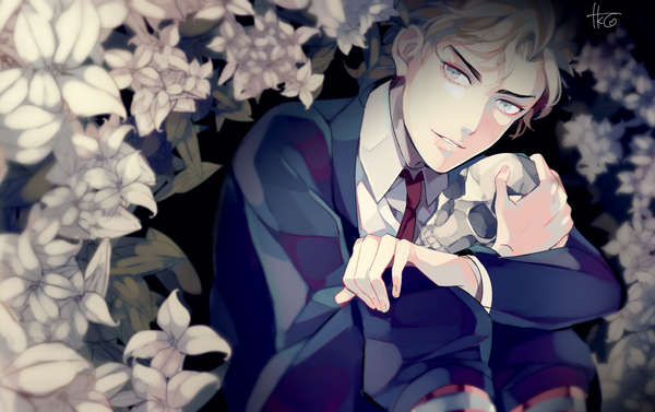 Anime picture 1002x630 with jojo no kimyou na bouken dio brando takashi (huzakenna) single looking at viewer short hair blonde hair sitting signed grey eyes eyebrows alternate age younger boy flower (flowers) necktie suit skull