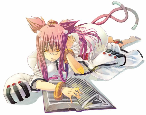Anime picture 1095x862 with blazblue kokonoe tagme (artist) single long hair simple background white background twintails animal ears yellow eyes pink hair barefoot cat ears cat girl cat tail girl bracelet book (books)