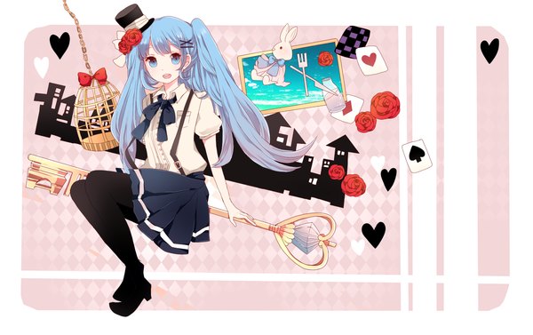 Anime picture 1500x943 with vocaloid hatsune miku komine (artist) long hair blue eyes blue hair girl hair ornament flower (flowers) hat heart rose (roses) bobby pin toy x hair ornament stuffed animal red rose knife bunny card (cards)