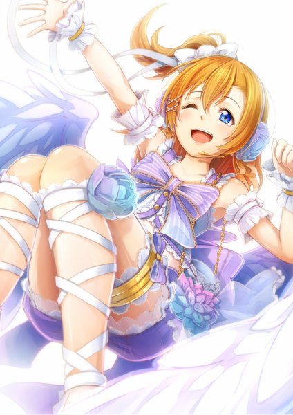 Anime picture 620x877 with love live! school idol project sunrise (studio) love live! kousaka honoka dararito single tall image blush short hair open mouth blue eyes blonde hair one eye closed wink one side up girl dress flower (flowers) bow ribbon (ribbons)