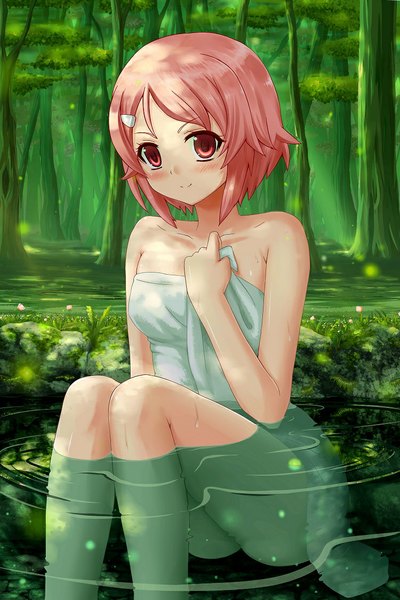 Anime picture 750x1125 with sword art online a-1 pictures lisbeth single long hair tall image looking at viewer blush fringe short hair breasts light erotic smile sitting holding pink eyes bare legs legs knees touching naked towel
