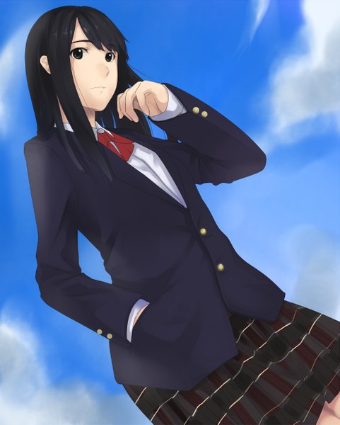 Anime picture 1000x1245 with original kagematsuri single long hair tall image black hair cloud (clouds) black eyes hand in pocket girl skirt uniform school uniform