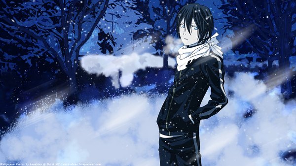 Anime picture 1920x1080 with noragami studio bones yato (noragami) single fringe highres short hair black hair wide image standing looking away aqua eyes snowing winter snow pale skin hands in pockets boy uniform plant (plants)