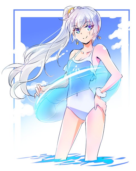 Anime picture 1596x2000 with rwby rooster teeth weiss schnee iesupa single long hair tall image looking at viewer breasts blue eyes smile sky cleavage silver hair cloud (clouds) ponytail hand on hip partially submerged covered navel scar