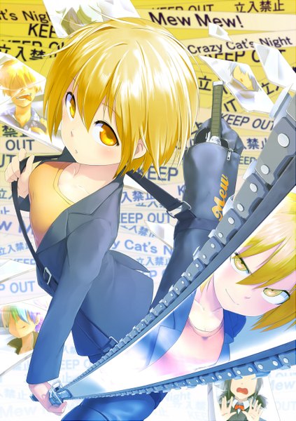 Anime picture 907x1285 with akama zenta tall image short hair open mouth blonde hair smile yellow eyes from above hair over eyes girl boy weapon sword tongue katana debris caution tape