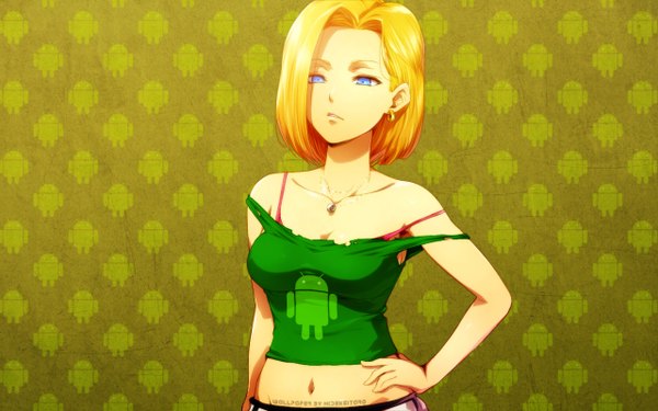 Anime picture 1280x800 with dragon ball dragon ball z android 18 single short hair blue eyes blonde hair wide image hand on hip girl navel earrings lingerie bra pendant pink bra