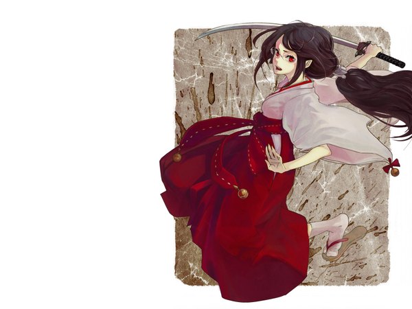 Anime picture 1920x1440 with blood c production i.g kisaragi saya mizo single long hair highres black hair red eyes white background tail traditional clothes miko framed girl weapon sword glasses katana blood