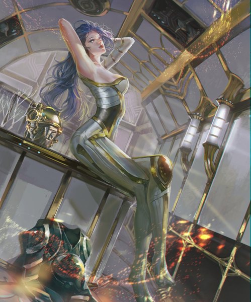 Anime picture 1024x1232 with warframe mag (warframe) xiaobotong single long hair tall image looking at viewer breasts blue eyes sitting blue hair armpit (armpits) crossed legs arms behind head clothes on floor girl bodysuit table helmet
