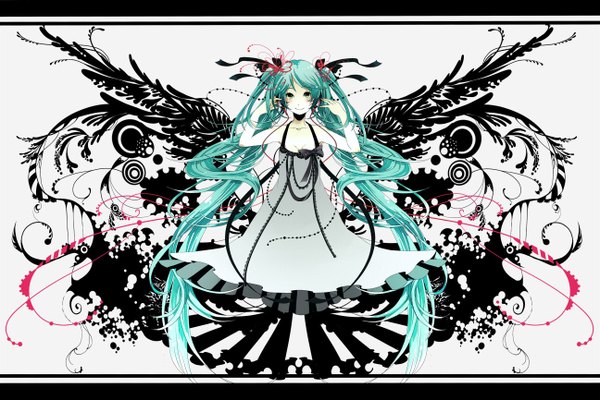 Anime picture 1296x865 with vocaloid hatsune miku bati15 (bachiko) single long hair blush smile twintails bare shoulders green eyes very long hair aqua hair girl dress bow ribbon (ribbons) hair ribbon headphones beads wire (wires)