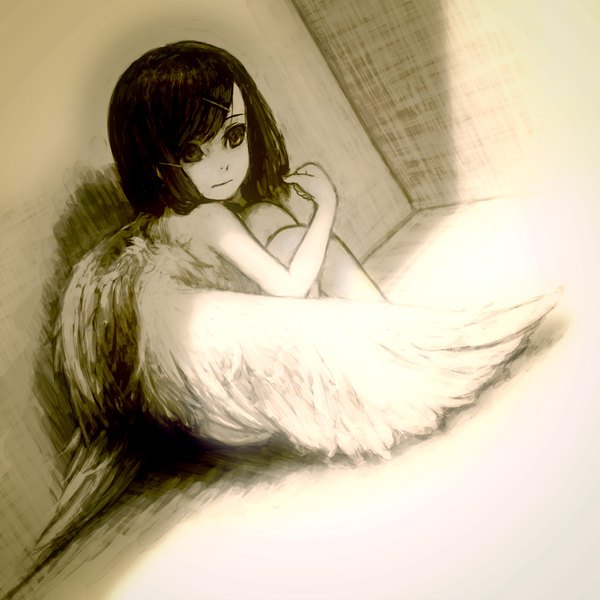 Anime picture 2000x2000 with original psycho (artist) single highres short hair sitting bare shoulders green eyes looking away nude angel wings girl hair ornament wings hairclip