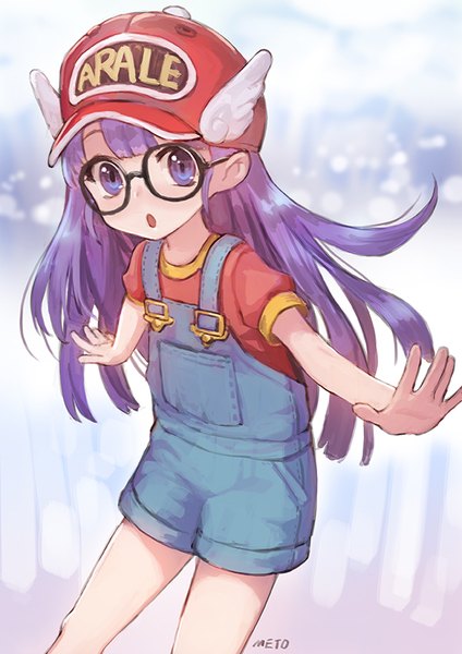 Anime picture 600x849 with dr. slump toei animation norimaki arale meto31 single long hair tall image looking at viewer fringe open mouth purple eyes signed purple hair spread arms girl hat glasses overalls
