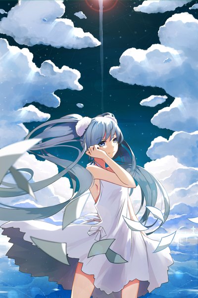 Anime picture 1574x2360 with vocaloid hatsune miku gkn levi single tall image looking at viewer blue eyes twintails sky cloud (clouds) very long hair light smile aqua hair girl dress hair ornament bow water paper