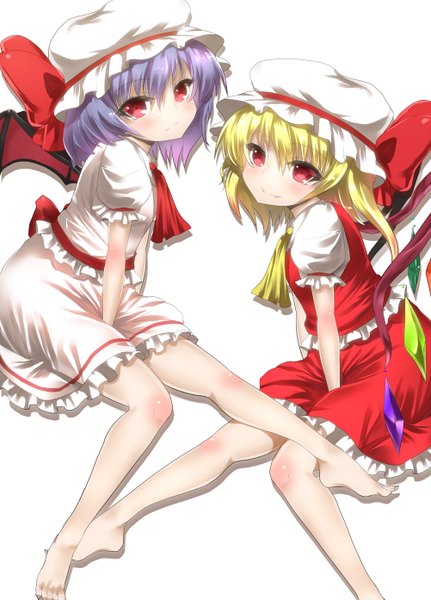 Anime picture 1002x1394 with touhou flandre scarlet remilia scarlet muunyan (yumenekoya) tall image looking at viewer blush short hair simple background blonde hair smile red eyes white background multiple girls purple hair barefoot teeth loli fang (fangs) flat chest