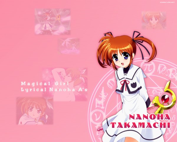 Anime picture 1280x1024 with mahou shoujo lyrical nanoha takamachi nanoha raising heart okuda yasuhiro single looking at viewer short hair open mouth brown hair purple eyes twintails :d copyright name character names short twintails hands behind back multiview third-party edit girl dress