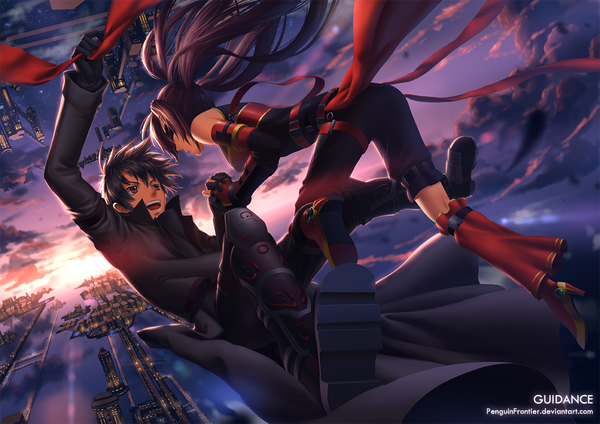 Anime picture 1100x778 with original penguin frontier long hair short hair open mouth black hair smile red eyes twintails pink hair sky cloud (clouds) sunlight inscription holding hands evening sunset science fiction girl boy