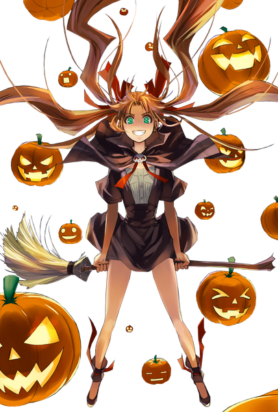 Anime picture 814x1201 with original nishimura vesper kriss sison single long hair tall image looking at viewer smile brown hair twintails green eyes full body floating hair halloween transparent background broom riding girl ribbon (ribbons) hair ribbon mantle