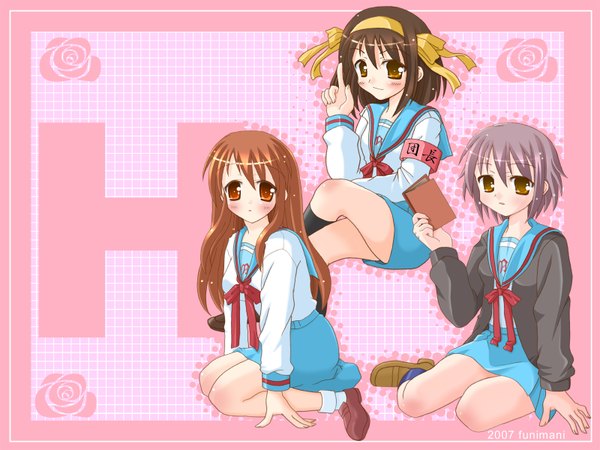 Anime picture 1600x1200 with suzumiya haruhi no yuutsu kyoto animation suzumiya haruhi nagato yuki asahina mikuru girl cardigan