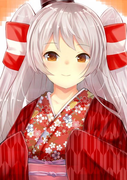 Anime picture 1061x1500 with kantai collection amatsukaze destroyer anza tomo single long hair tall image looking at viewer blush fringe brown eyes payot silver hair traditional clothes japanese clothes two side up portrait seigaiha yagasuri girl hair ornament