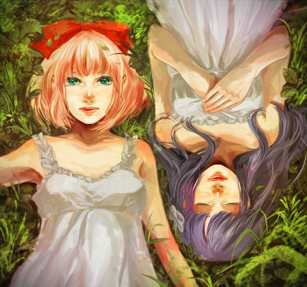 Anime picture 1092x1022 with happy tree friends giggles petunia sushida16 long hair short hair multiple girls green eyes pink hair purple hair lying eyes closed lips personification girl bow 2 girls plant (plants) hair bow grass