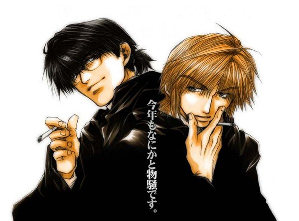 Anime picture 1036x768 with saiyuki genjou sanzou cho hakkai short hair black hair blonde hair simple background smile white background brown eyes smoking back to back boy cigarette