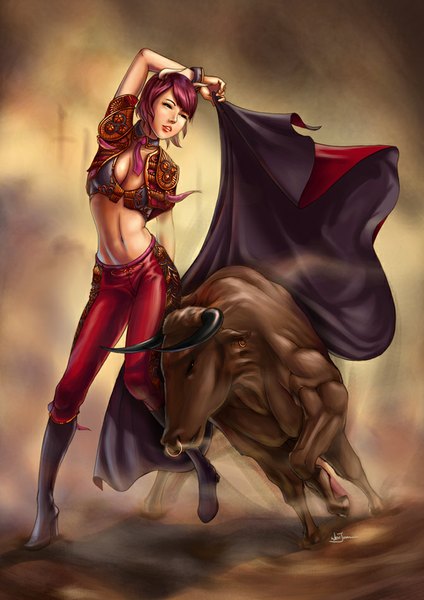 Anime picture 671x950 with poibuts single tall image short hair green eyes pink hair horn (horns) lips bare belly midriff girl navel animal bull