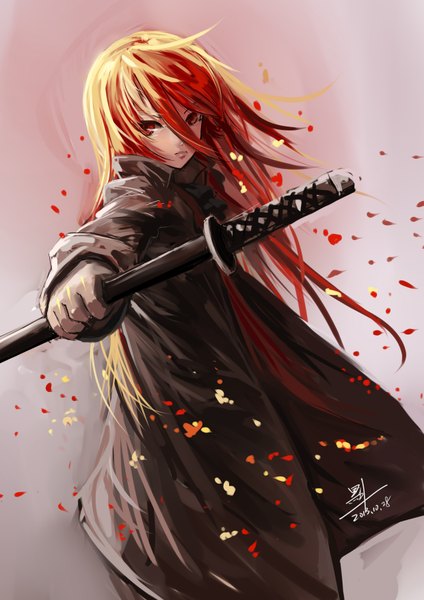 Anime picture 2480x3507 with shakugan no shana j.c. staff shana b1944 single long hair tall image looking at viewer highres simple background red eyes standing holding red hair wind open clothes open jacket pink background girl gloves