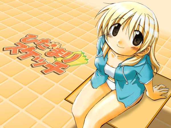 Anime picture 1600x1200 with hidamari sketch shaft (studio) miyako aoki ume long hair blush highres blonde hair smile wallpaper swimsuit