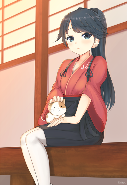 Anime picture 689x1000 with kantai collection houshou light aircraft carrier kirimoti34 single long hair tall image looking at viewer blue eyes black hair smile sitting ponytail traditional clothes girl animal cat