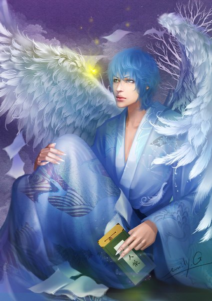 Anime picture 724x1024 with emilyg single tall image short hair sitting signed blue hair traditional clothes japanese clothes fingernails realistic grey eyes long fingernails angel wings angel boy plant (plants) wings tree (trees) yukata
