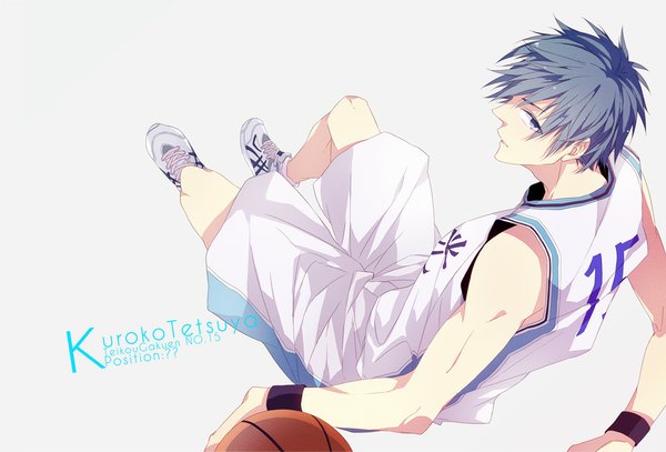 Anime picture 922x626 with kuroko no basket production i.g kuroko tetsuya sara666 (roentgen666) single short hair blue eyes simple background blue hair looking away profile from above grey background character names clothes writing boy uniform gym uniform ball wristlet