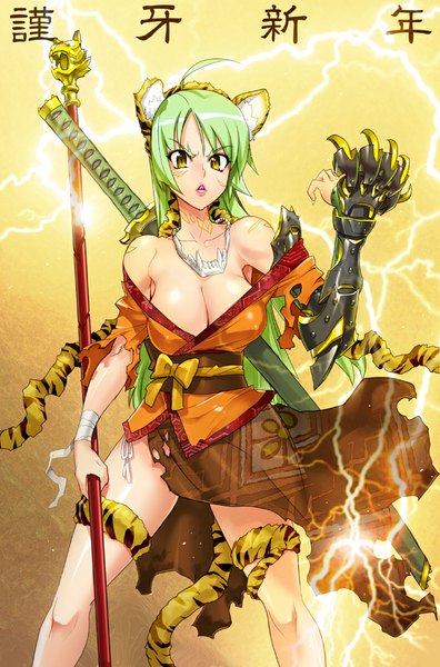Anime picture 661x1000 with satou shouji single long hair tall image breasts light erotic large breasts bare shoulders green eyes animal ears yellow eyes cleavage ahoge tail animal tail inscription torn clothes new year yellow background lightning