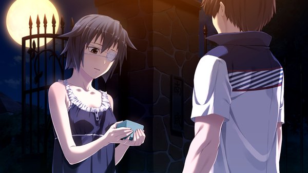 Anime picture 1024x576 with suigetsu 2 short hair brown hair wide image brown eyes game cg girl dress boy moon eyepatch