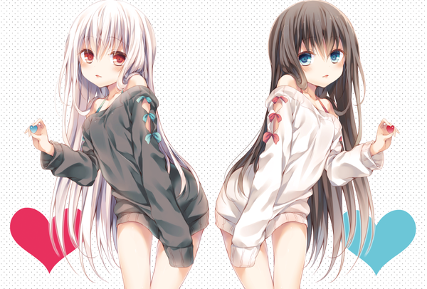 Anime picture 1259x852 with original komeshiro kasu long hair blush fringe blue eyes red eyes brown hair standing bare shoulders multiple girls holding white hair parted lips leaning leaning forward polka dot girl bow 2 girls