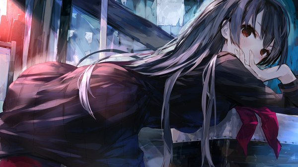 Anime picture 1920x1080 with tasogare otome x amnesia silver link kanoe yuuko ponkan eight single long hair looking at viewer blush highres black hair red eyes wide image sunlight back girl uniform school uniform