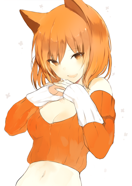 Anime picture 650x914 with original lpip single tall image looking at viewer blush fringe short hair open mouth simple background hair between eyes standing white background bare shoulders animal ears cleavage upper body long sleeves orange hair bare belly