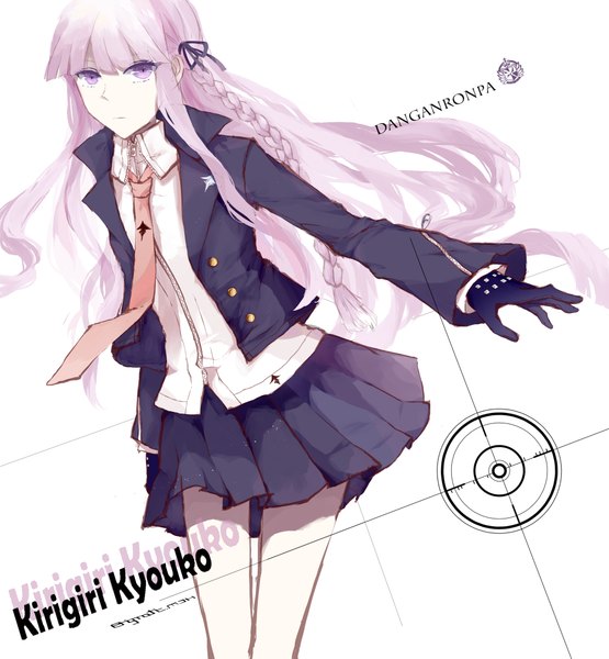 Anime picture 2000x2163 with dangan ronpa kirigiri kyouko mchi (artist) single long hair tall image looking at viewer highres standing purple eyes purple hair pleated skirt character names girl skirt gloves uniform ribbon (ribbons) hair ribbon school uniform