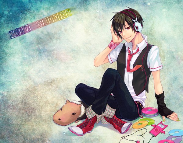 Anime picture 1500x1176 with durarara!! brains base (studio) psychedelic dreams orihara izaya siki (artist) single short hair brown hair nail polish pink eyes boy animal shirt necktie headphones ring vest wire (wires) sneakers