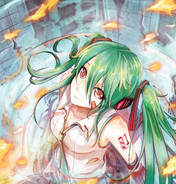 Anime picture 1300x1354 with vocaloid hatsune miku beanbean1988 single long hair tall image looking at viewer red eyes twintails bare shoulders green hair from above tattoo torn clothes bandaid on face girl hair ornament detached sleeves water necktie