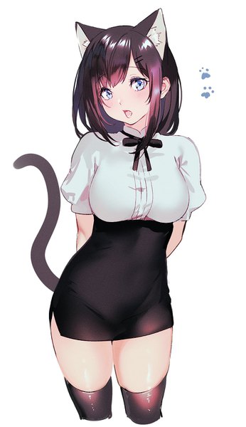 Anime picture 834x1446 with original mery (yangmalgage) single tall image looking at viewer blush fringe short hair open mouth blue eyes black hair simple background standing white background animal ears tail animal tail cat ears cat girl cat tail