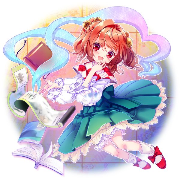 Anime picture 1000x999 with touhou motoori kosuzu amo single looking at viewer blush short hair open mouth red eyes red hair two side up hair bell girl hair ornament book (books) bell hair tie jingle bell hair bobbles knickers