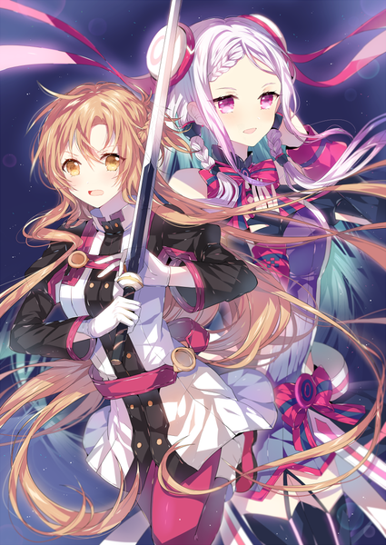 Anime picture 800x1128 with sword art online sword art online the movie: ordinal scale a-1 pictures yuuki asuna yuna (sao) n n (vbdpsep) tall image looking at viewer fringe open mouth hair between eyes standing purple eyes multiple girls holding yellow eyes silver hair bent knee (knees) braid (braids) long sleeves