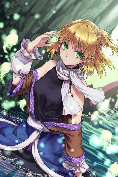 Anime picture 600x900 with touhou mizuhashi parsee akidzuki haruhi single tall image short hair blonde hair bare shoulders green eyes looking away nail polish arm up pointy ears off shoulder partially submerged half updo green nail polish girl detached sleeves water