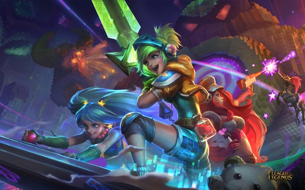 Anime picture 1920x1200 with league of legends sona buvelle riven (league of legends) miss fortune (league of legends) poro (league of legends) arcade sona (league of legends) veigar (league of legends) blitzcrank (league of legends) arcade miss fortune (league of legends) arcade riven hecarim (league of legends) su-ke (artist) long hair highres short hair breasts open mouth blue eyes smile twintails