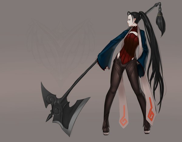 Anime picture 3750x2928 with forgotten-wings single highres black hair simple background standing absurdres ponytail very long hair grey background grey eyes girl weapon clothes axe
