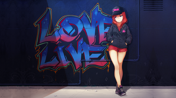 Anime picture 1920x1080 with love live! school idol project sunrise (studio) love live! nishikino maki 8c single long hair highres wide image standing purple eyes looking away full body outdoors red hair shadow legs copyright name hands in pockets against wall