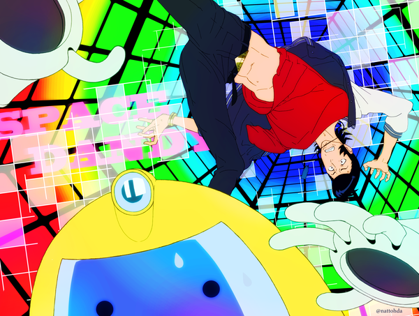 Anime picture 3620x2736 with space dandy studio bones dandy (space dandy) qt (space dandy) ozaki (nattohda) highres short hair black hair signed absurdres bare belly clenched teeth weightlessness pompadour boy bracelet pendant robot